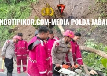Tim SAR Brimob Polda Jabar Bersama Polres Sukabumi Bersihkan Pohon Tumbang di Desa Loji