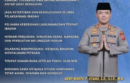 Kapolres Tasikmalaya AKBP Wahyu P. Utama, S.H., S.I.K., M.H. mengajak seluruh masyarakat untuk bersama-sama menjaga keamanan dan ketertiban selama Bulan Suci Ramadhan 1447 H / 2026 M.