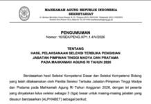 Sekretariat Mahkamah Agung Republik Indonesia resmi mengumumkan hasil pelaksanaan Seleksi Terbuka Pengisian Jabatan Pimpinan Tinggi Madya dan Pratama di lingkungan Mahkamah Agung RI Tahun Anggaran 2026.