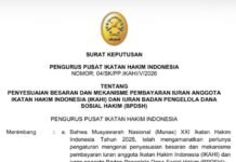 Pengurus Pusat Ikatan Hakim Indonesia resmi menetapkan kebijakan baru mengenai penyesuaian besaran iuran anggota serta mekanisme pembayaran iuran organisasi dan Badan Pengelola Dana Sosial Hakim (BPDSH).