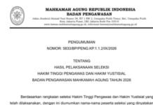 Badan Pengawasan (Bawas) Mahkamah Agung Republik Indonesia mengumumkan hasil pelaksanaan seleksi Hakim Tinggi Pengawas dan Hakim Yustisial Tahun 2026.