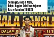 Briptu Huggies Yustisio berhasil menyabet medali emas dalam Kejurnas Karate Piala Panglima TNI 2026 .